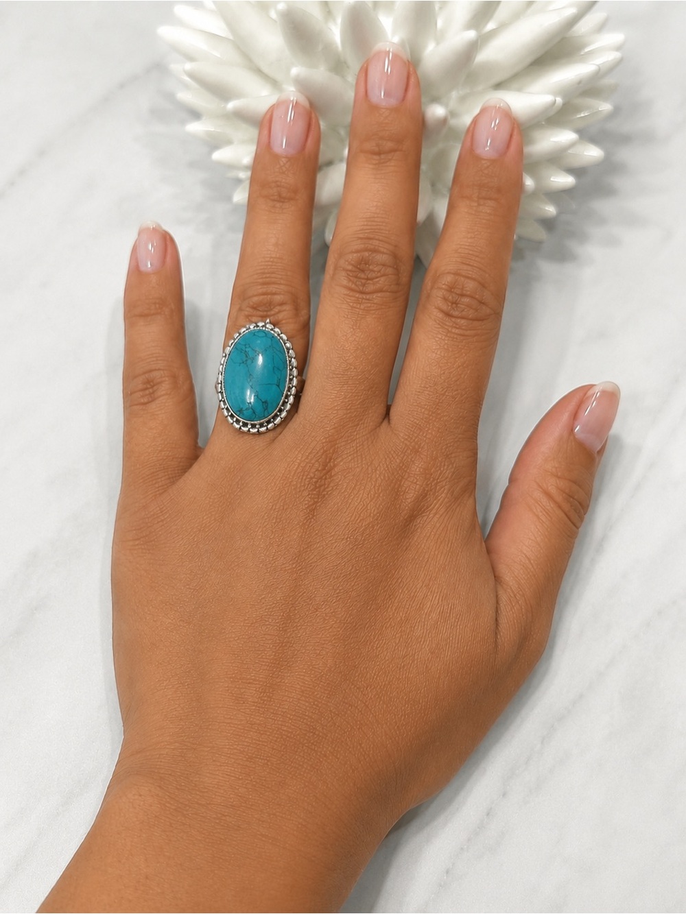 Sterling Silver Ring W/ Large Oval Turquoise Gemstone Size 9